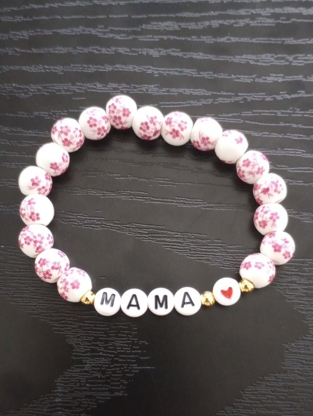 Pink Delft Floral 'MAMA' Beaded Bracelet with Heart Accent Mom Gift